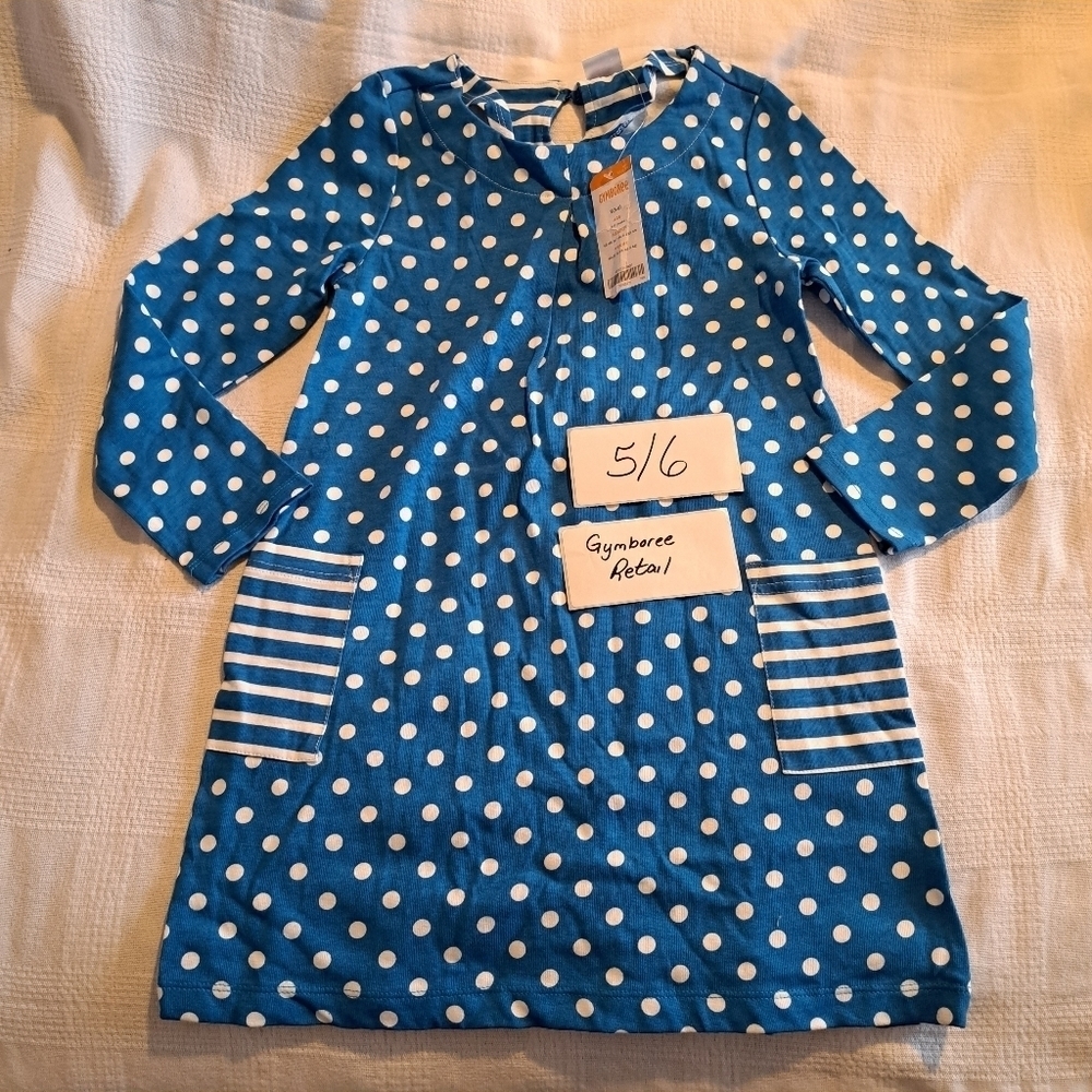 Gymboree girls size 5-6 blue dress with white polka dots, has pockets new